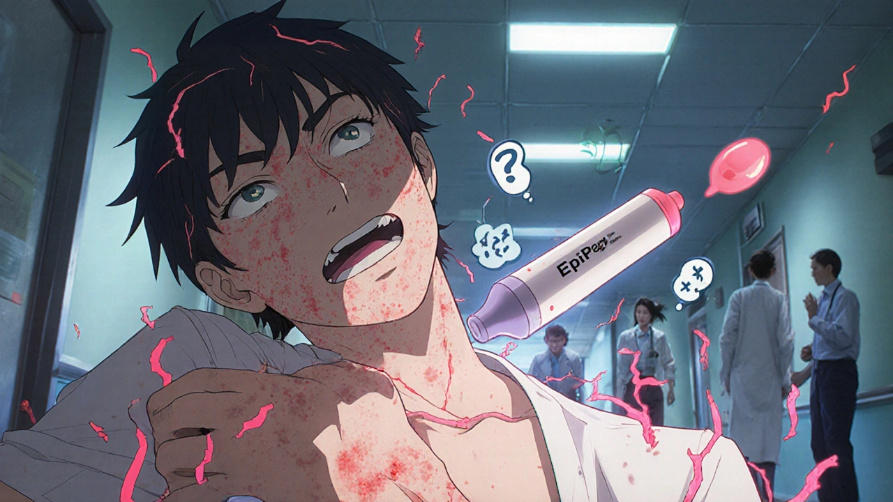 A person collapsing with hives and swelling, an EpiPen floating nearby in a clinic hallway.