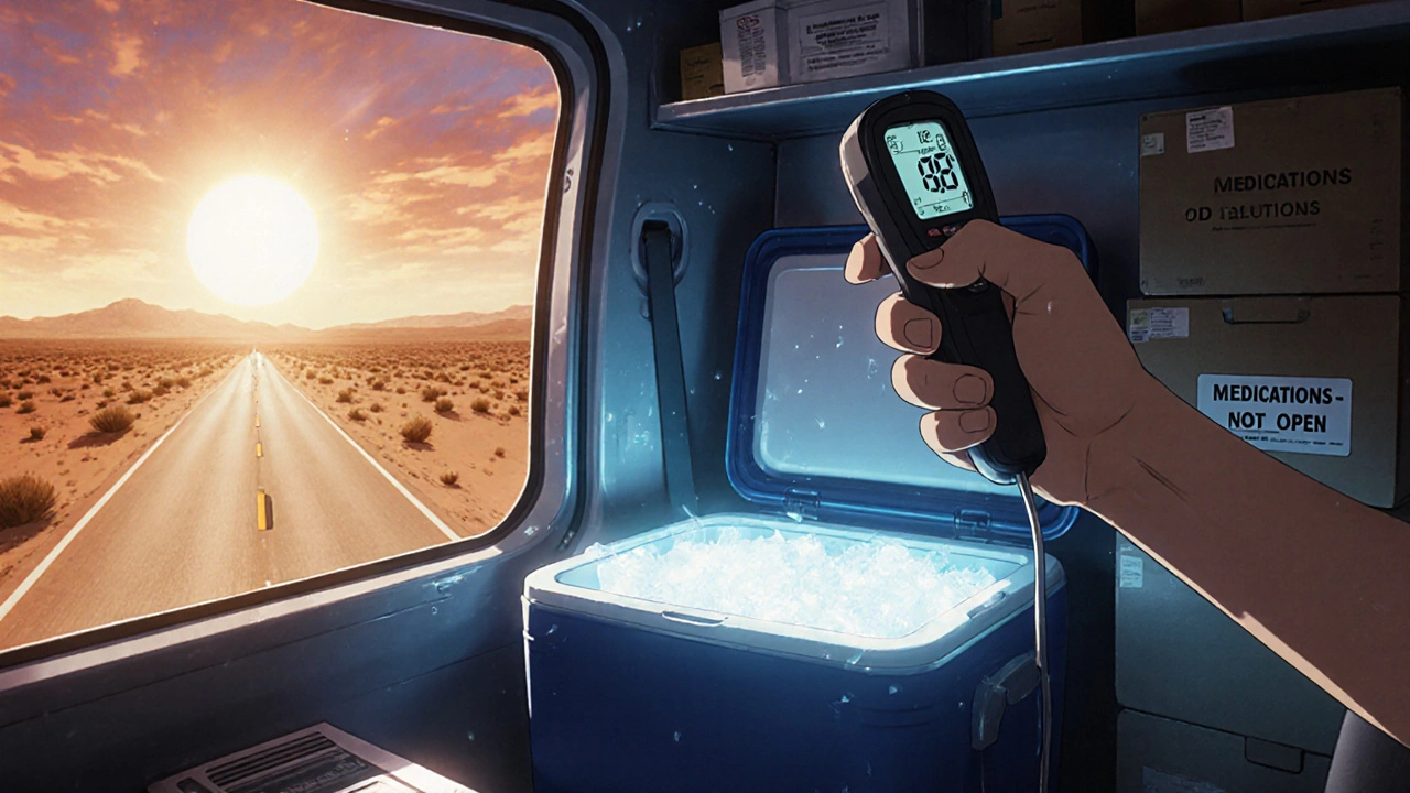 A small insulated cooler with a thermometer sits on a car seat next to a driver, sunlight blazing outside as medications are safely transported.