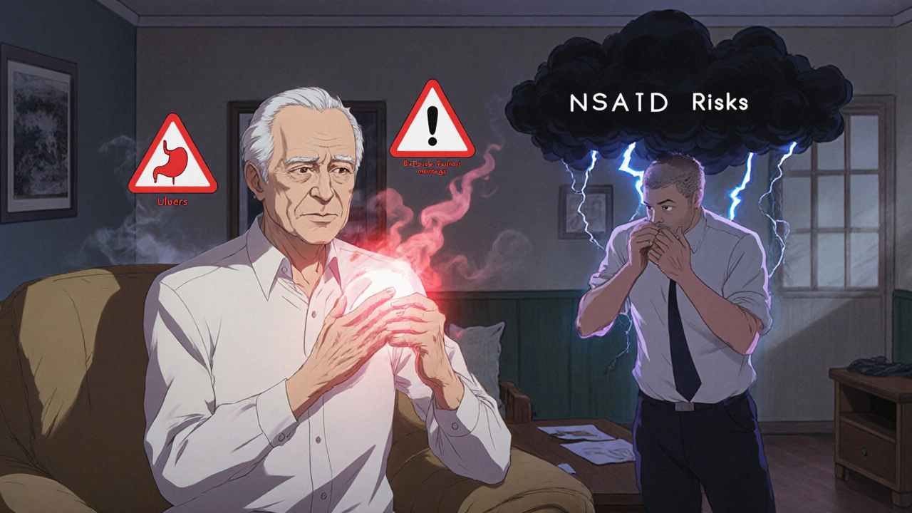An elderly man using topical pain relief with protective light, while ghostly warnings of stomach damage fade away behind him.