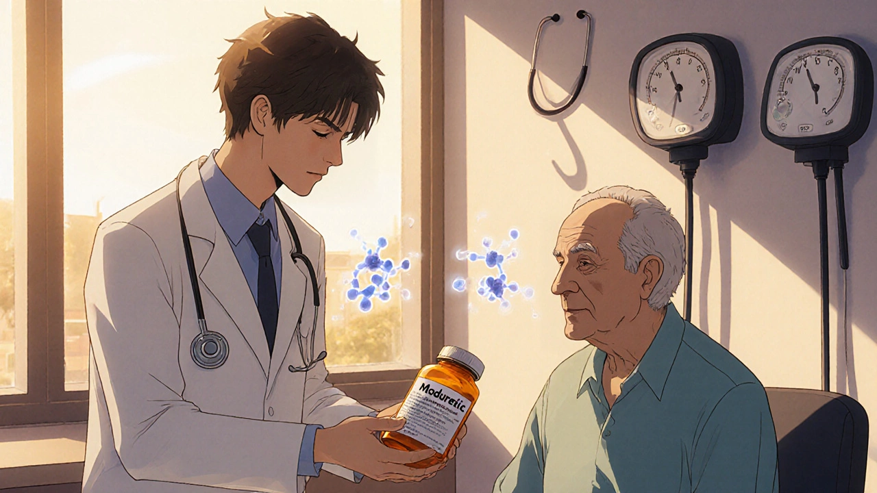 An elderly patient receiving a Moduretic prescription from a pharmacist in a warm clinic setting.