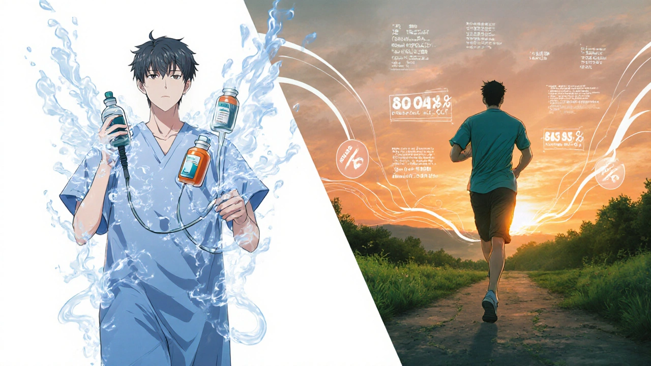 Before and after transformation of a patient from medical devices to active, healthy life.