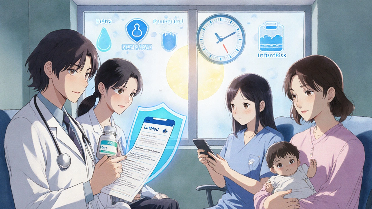 Diverse parents in a hospital with one showing LactMed printout to a doctor, surrounded by safety symbols and sunlight.