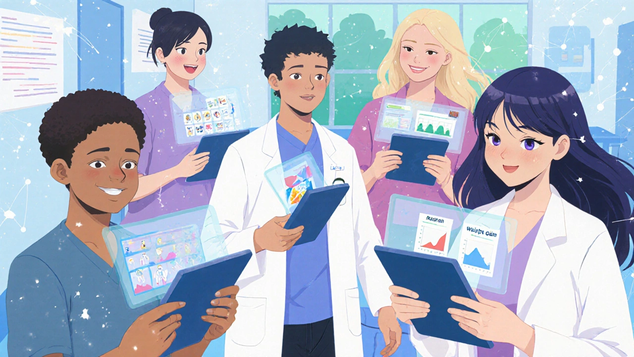 Diverse patients using personalized digital tools to compare medication trade-offs in a clinic.