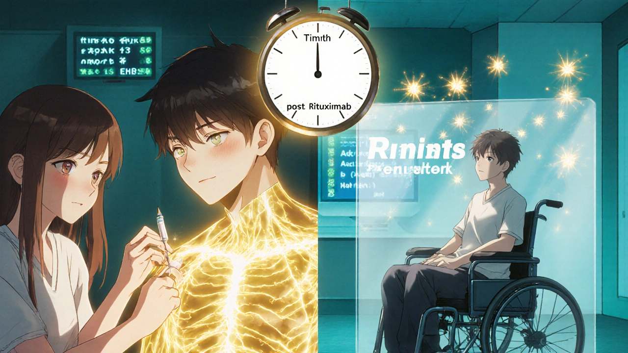 Family member getting vaccinated with protective glow, immunocompromised person watching, clock showing 3 months post-rituximab.