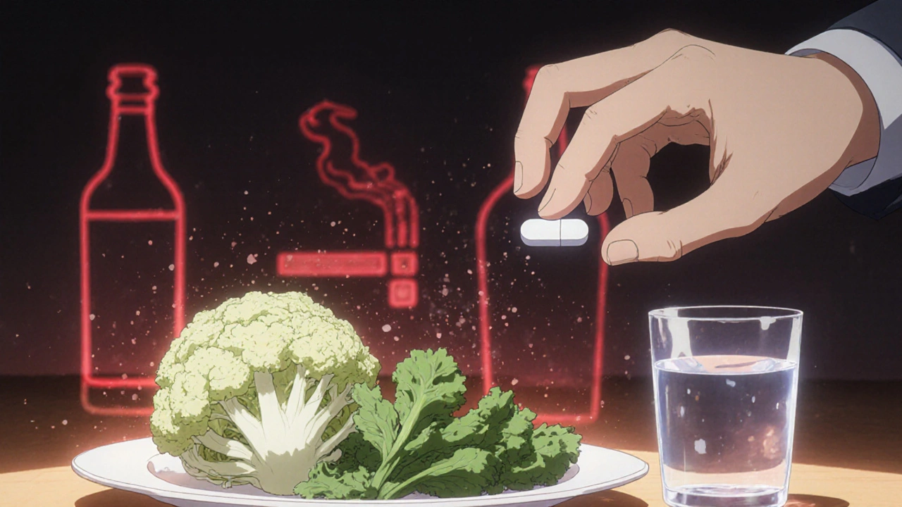 Hand holding aspirin beside vegetables, with fading smoke and alcohol symbols in shadows.