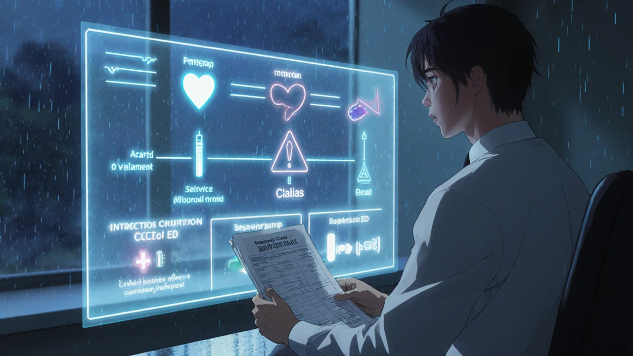 Man reviewing blood test results with holographic treatment options displayed