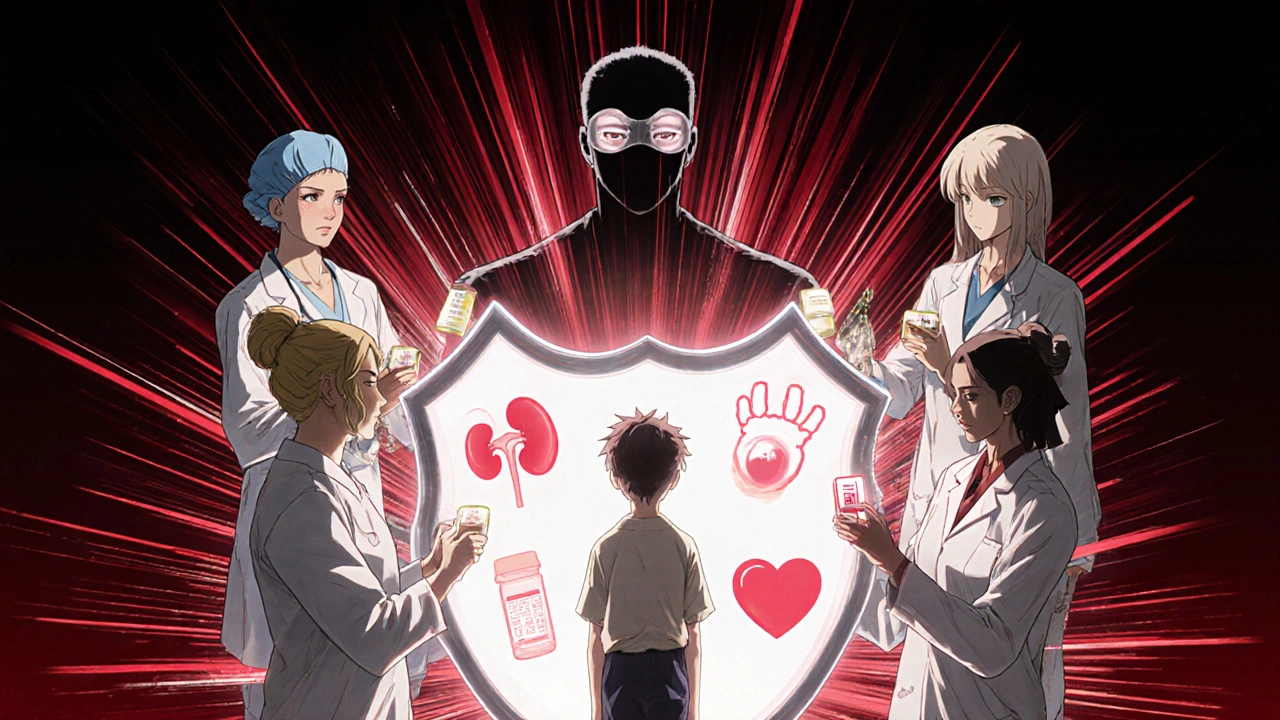 Medical team protecting a patient from diabetes complications with glowing symbols of care.