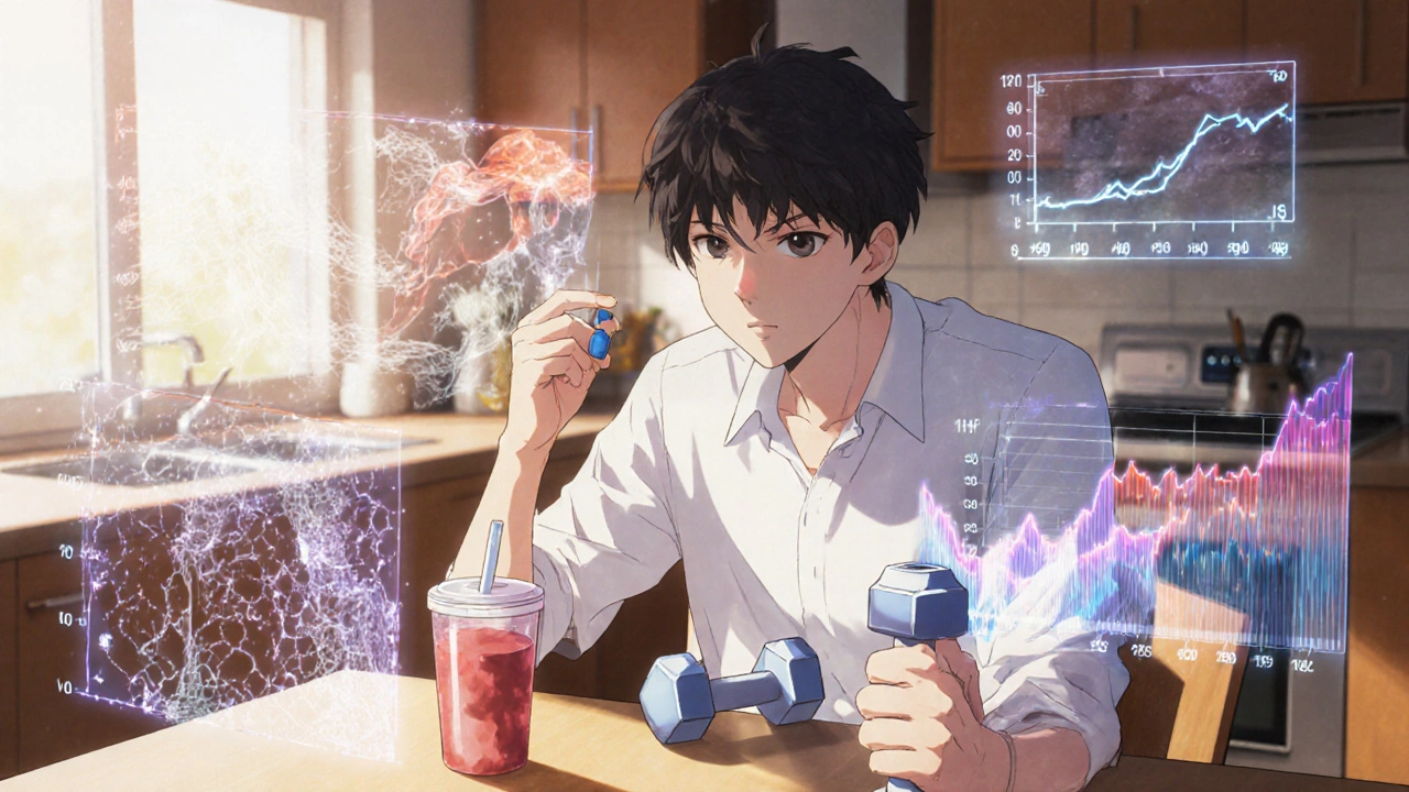 Patient holding oral GLP-1 pill beside protein shake and dumbbells, with muscle and bone data overlays.