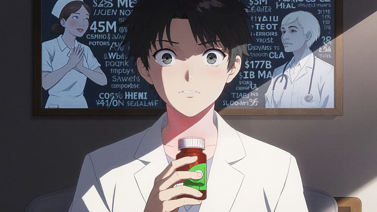 Patient holds a pill as ghostly warnings float around them, symbolizing medication error consequences.