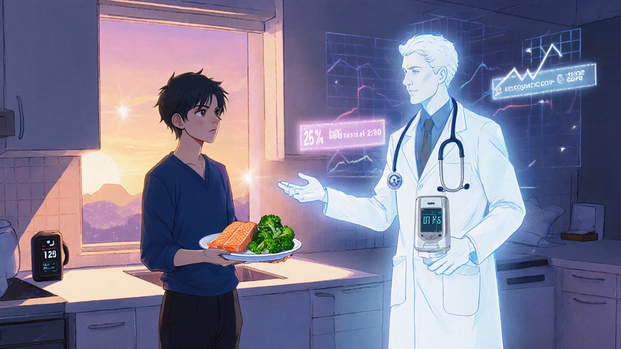 Person eating healthy breakfast with insulin pump programming and glowing glucose trend graphs.