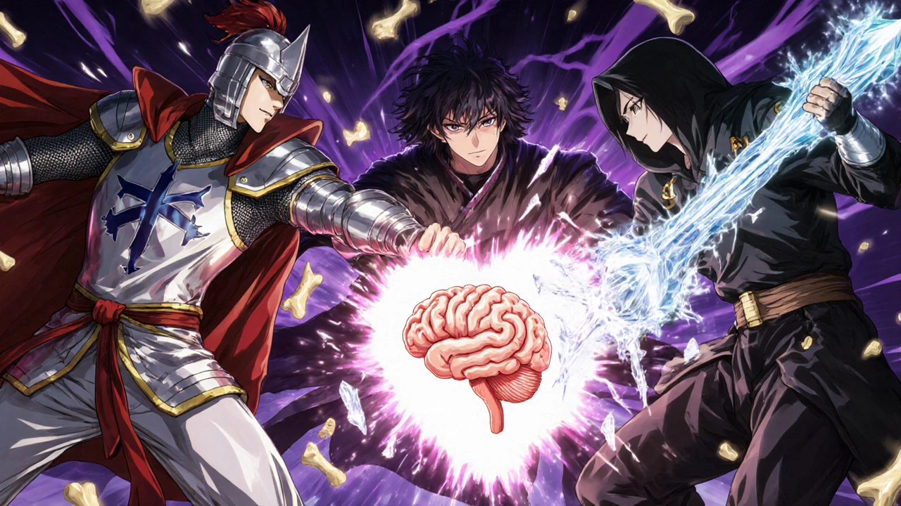 Personified drugs battling over a human organ, symbolizing hormone regulation in post-cycle therapy.