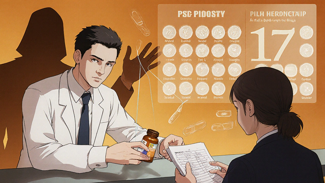Pharmacist hands a patient a new pill bottle while shadowy corporate figure controls the labels behind them.