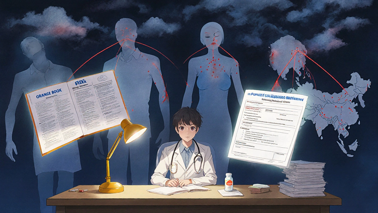 Pharmacist reviewing FDA records with ghostly patient silhouettes and manufacturing map in background.