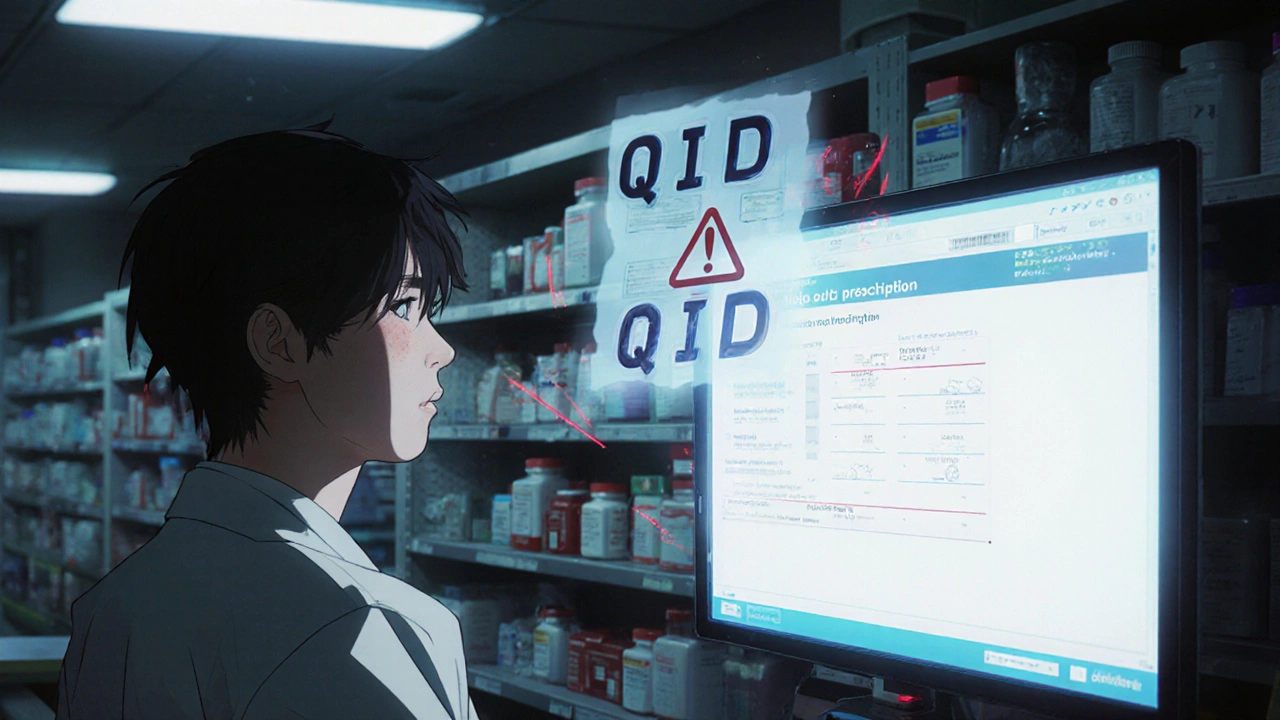 Pharmacist shocked at glowing EHR screen with ghostly QID overlay in a dim hospital pharmacy at night.