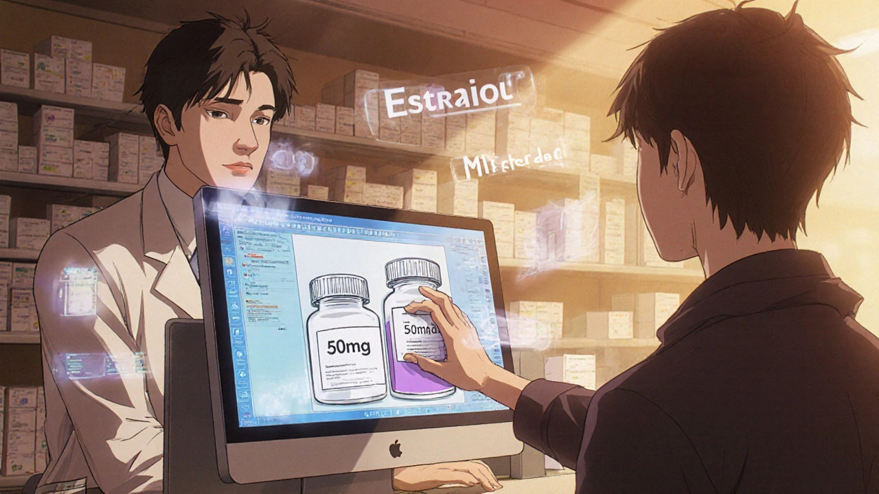 Pharmacist stares at two similar pill bottles with mismatched labels in a quiet retail pharmacy.