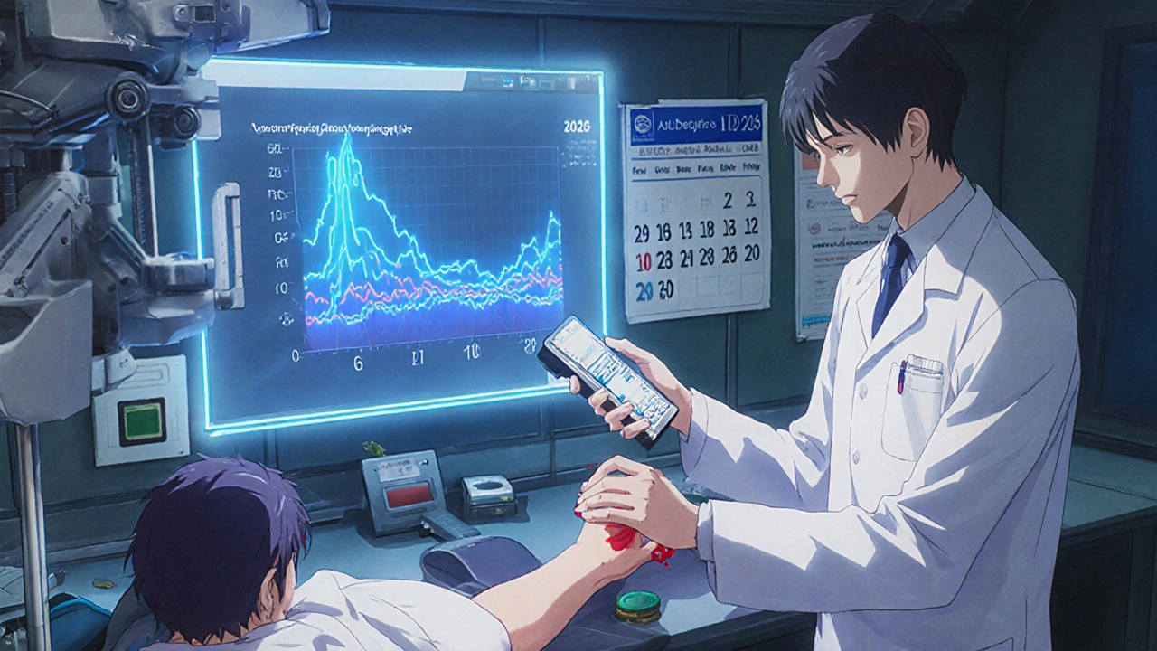 Scientist scanning blood with holographic adjuvanted vaccine prototype, 2025-2026 calendar flipping, CDC helpline visible.