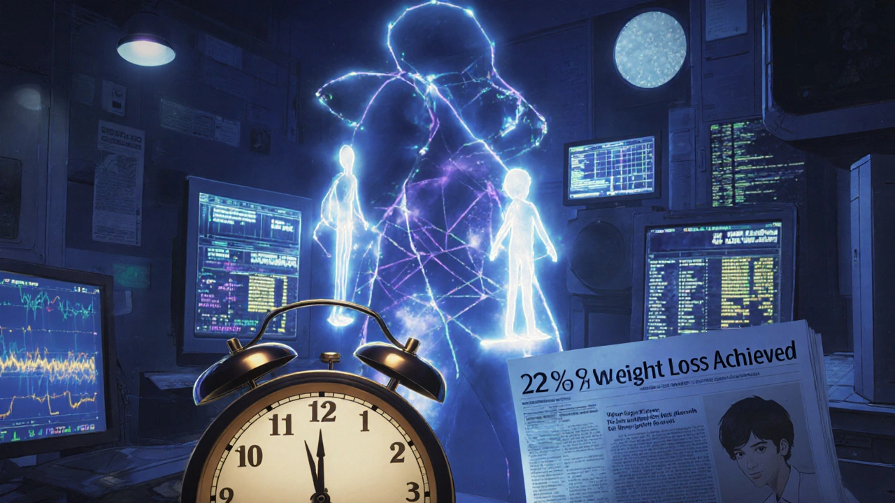 Scientists watching holographic hormone pathways in a lab, clock showing 2026 in background.
