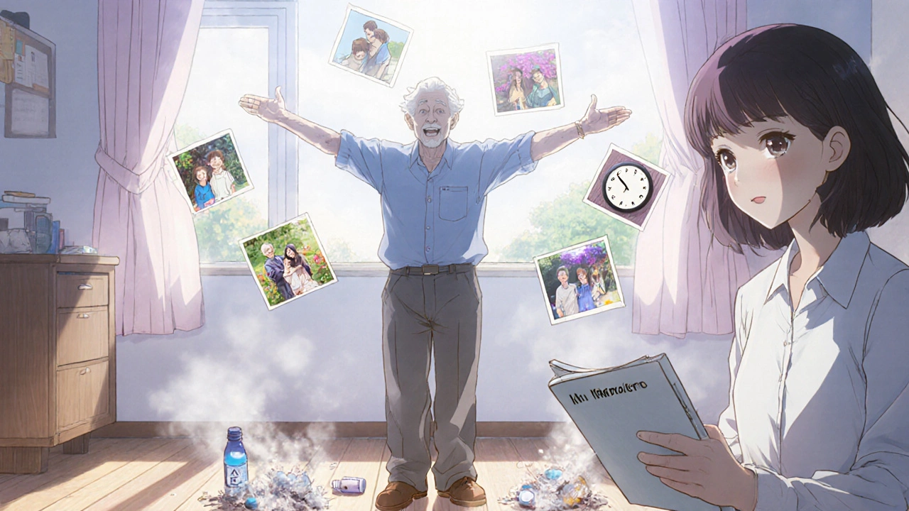 Senior standing in sunlight as mental fog lifts, memories return, discarded pills crumble to ash.