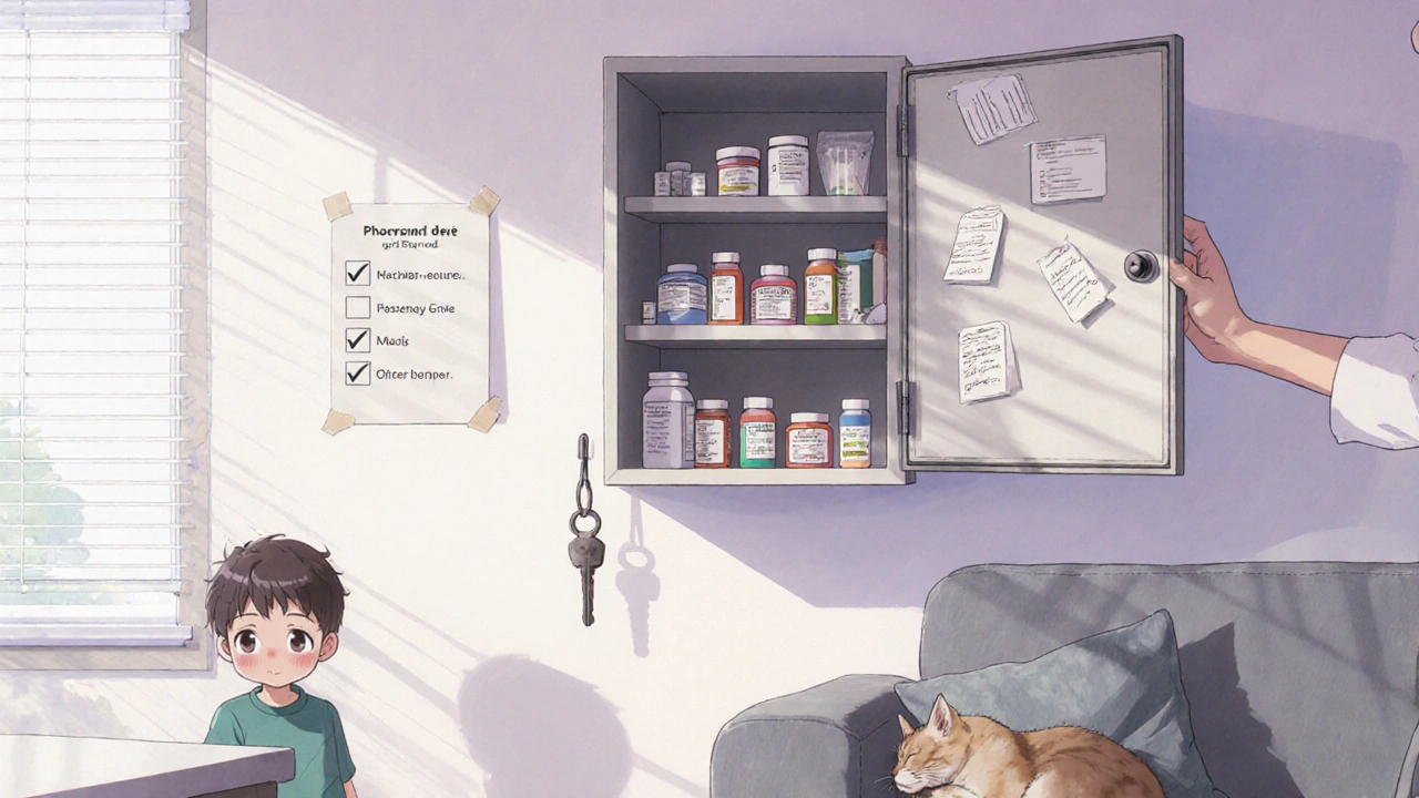 Someone places medications into a locked cabinet at counter height in a new home, with a child and cat nearby, calm morning light filling the room.