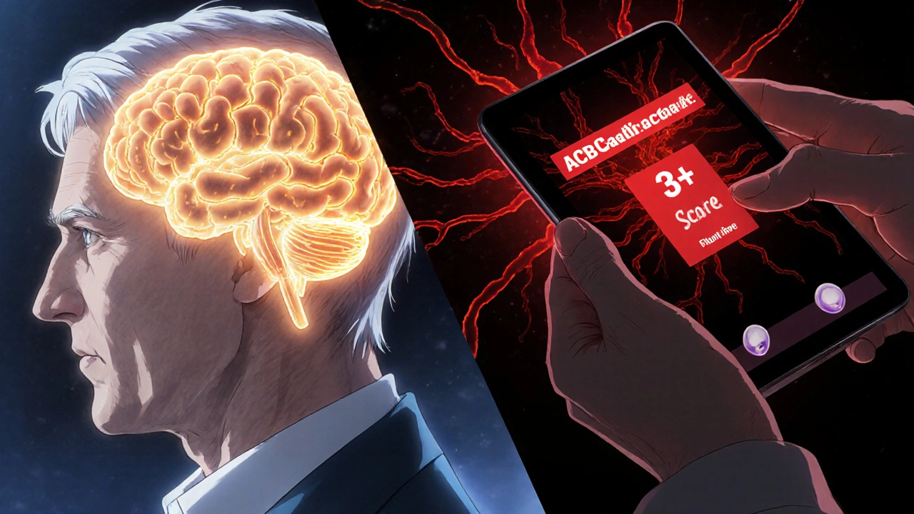 Split brain image: healthy neural activity vs. anticholinergic blockades with ACB score displayed.