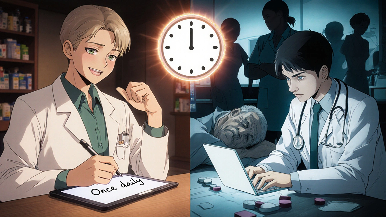 Split scene: clear &#039;once daily&#039; instruction vs. dangerous &#039;QD&#039; typo, with patients collapsing in shadows.