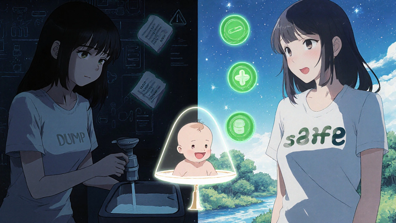Split scene: one side shows dumping milk in despair, the other shows storing safe milk with glowing safe drug icons.
