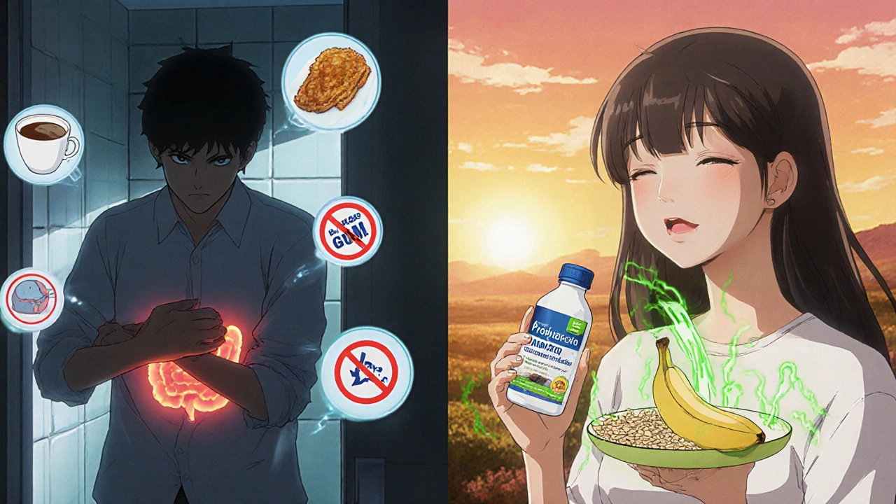 Split scene: person in distress with trigger foods vs. calm person eating banana and probiotics with healing energy.