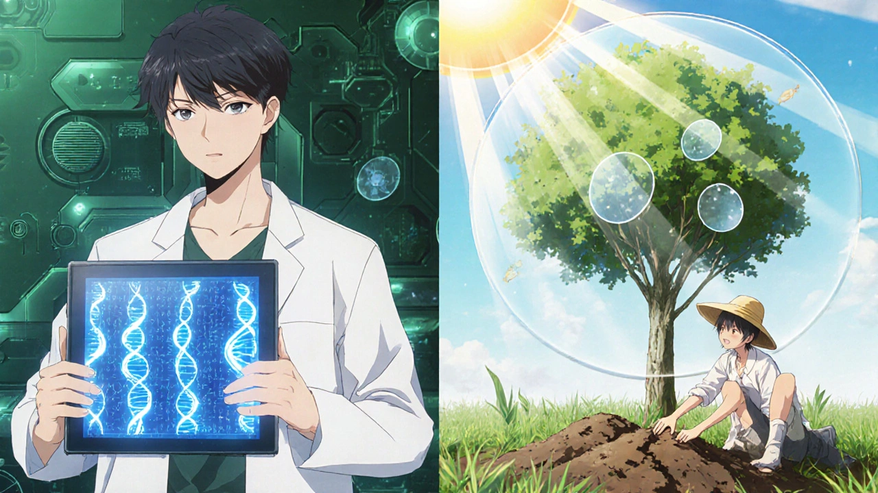 Split scene: person in lab with DNA screen and same person planting tree with sun protection.