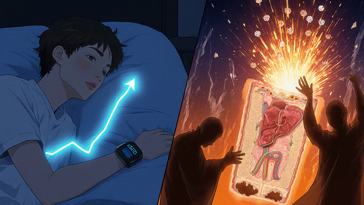 Split-screen of CGM glucose trend and internal body view showing liver releasing glucose at night.