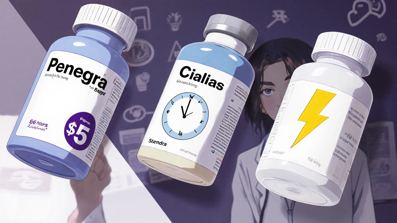 Three ED medications floating with visual indicators of speed, duration, and cost