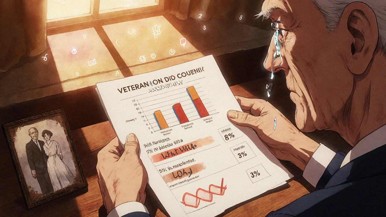 Veteran examining a printed decision aid comparing bleeding risks of two blood thinners.