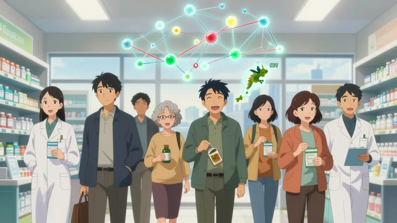A diverse group of people entering a pharmacy as glowing drug interactions shift from red to green, symbolizing safer medication use.