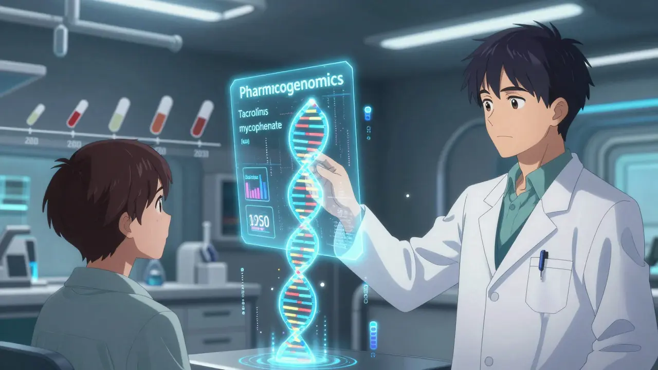 A doctor analyzing a holographic genetic profile to personalize immunosuppressant dosing in a futuristic lab.