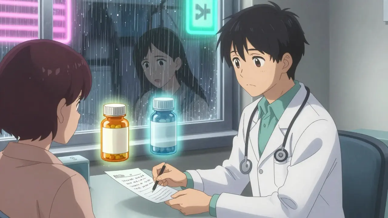 A doctor hands a prescription as a patient's anxious reflection appears in a rainy clinic window.