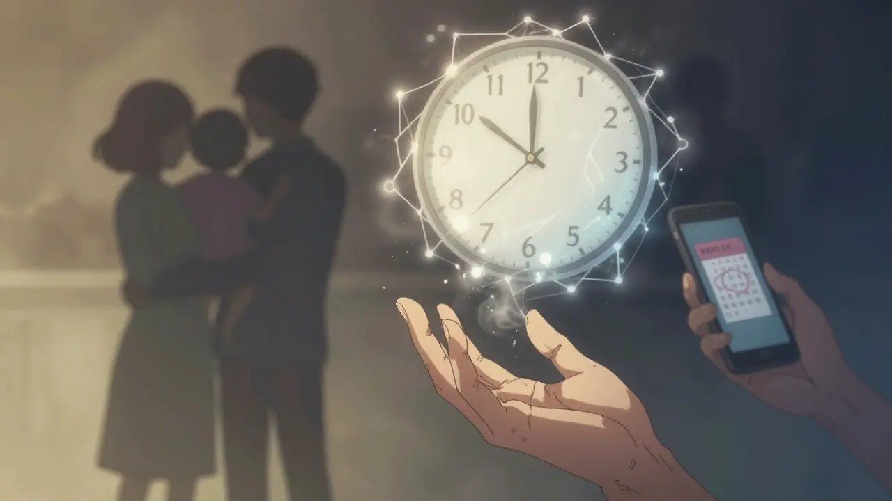 A frail hand reaching for a glowing clock made of neurons, family silhouettes behind.