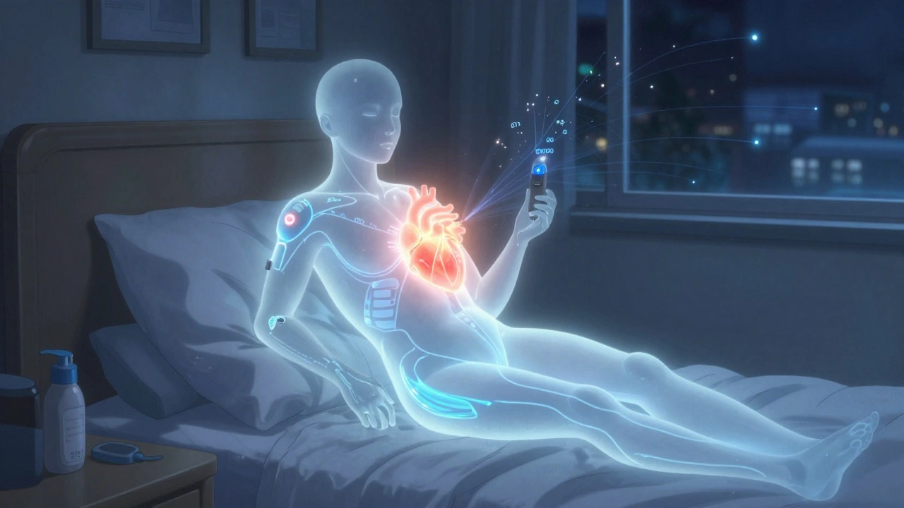 A futuristic closed-loop insulin system glows beside a bed, with light streams representing basal and bolus insulin flow.