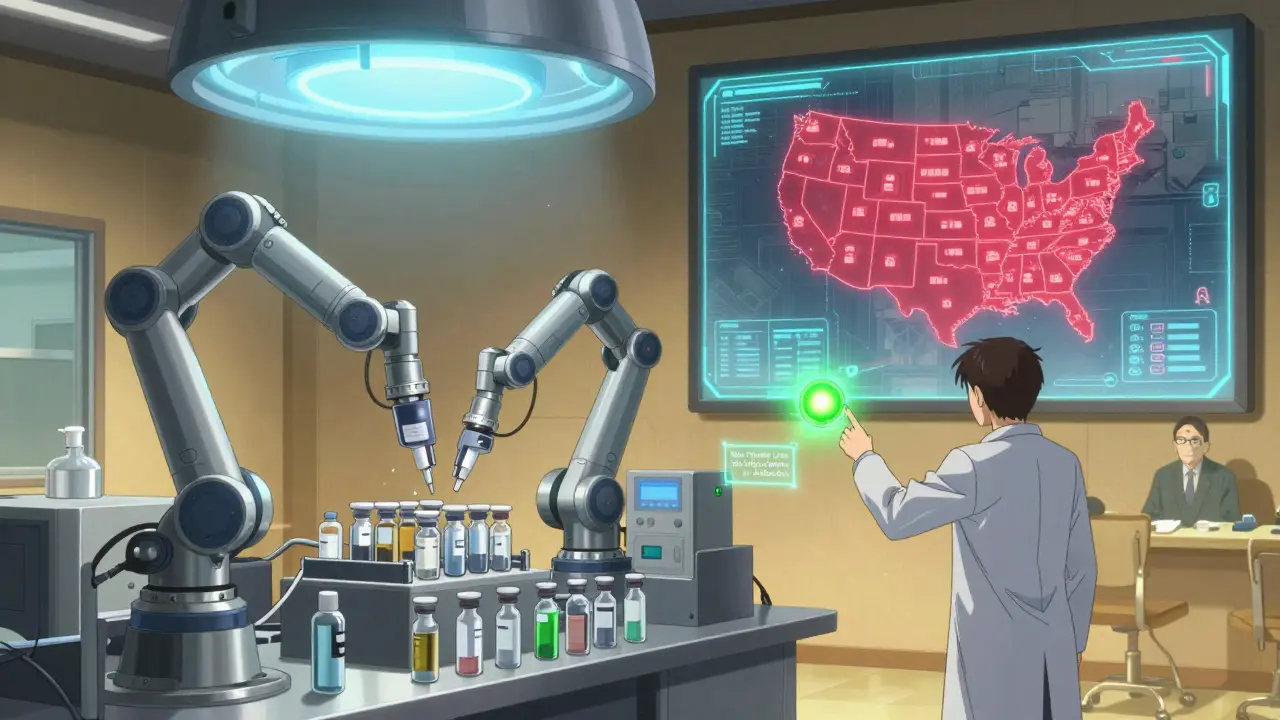 A futuristic drug factory with robotic arms and a holographic U.S. map showing shortage reduction through new technology.