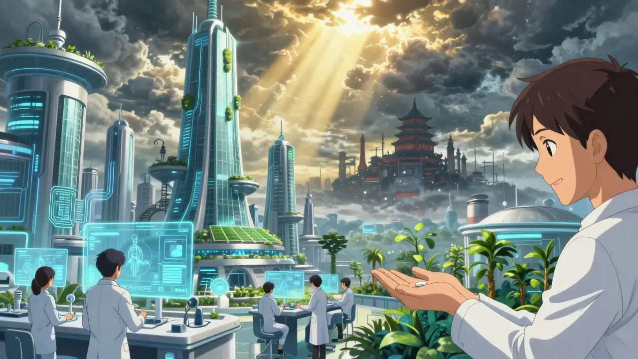 A futuristic Indian biotech hub with glowing towers and holographic audits, while a fading Chinese factory dissolves into particles in the background.