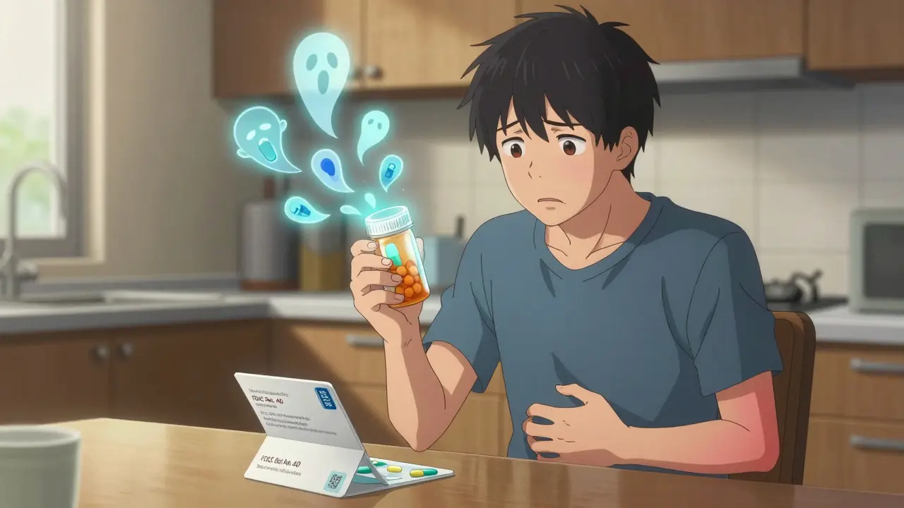 A patient reacting to hidden excipients in medication, with glowing ingredient glyphs floating above the bottle.