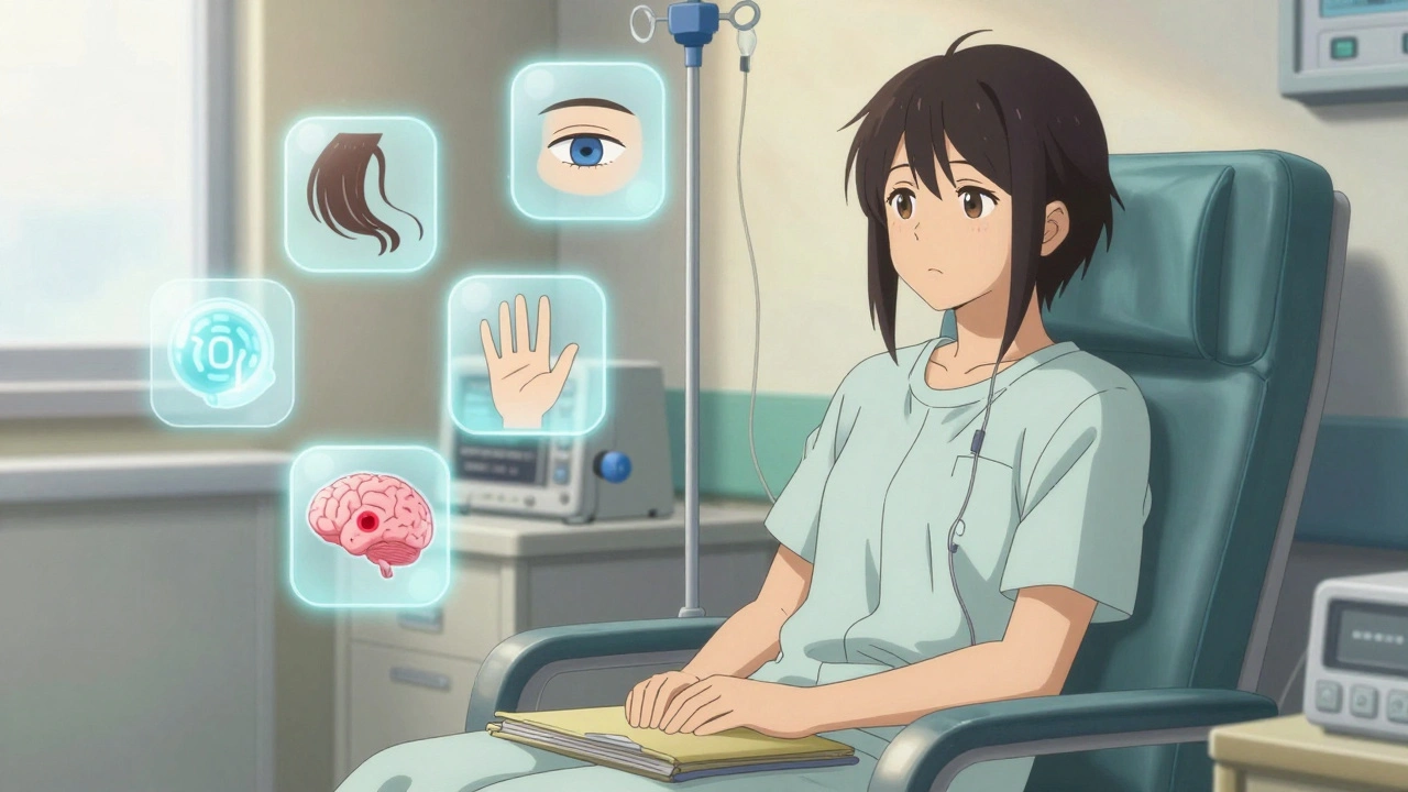 A patient receiving IV chemotherapy with floating symbols of side effects like hair loss, fatigue, and brain fog, in expressive anime style.
