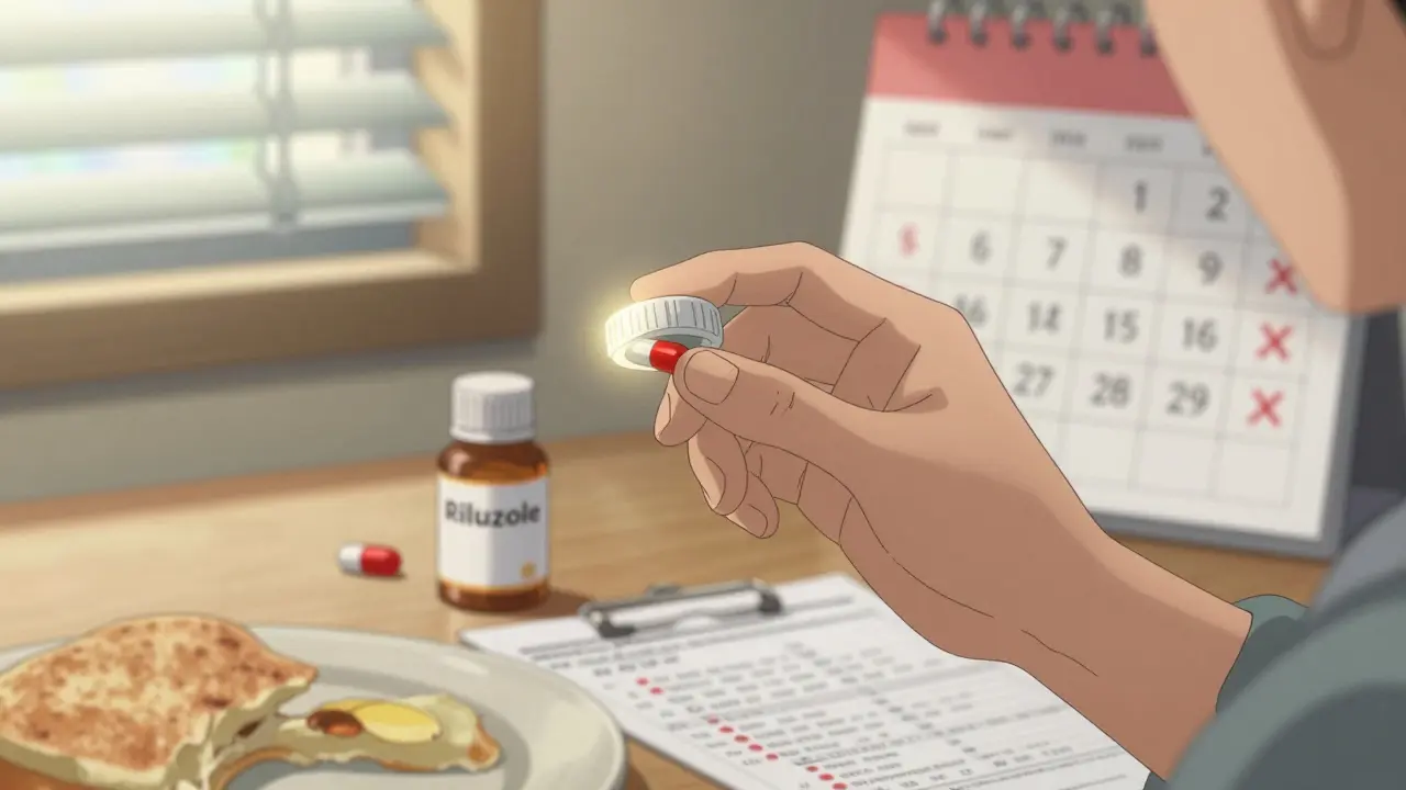 A patient taking riluzole tablets at a kitchen table with blood test results visible.