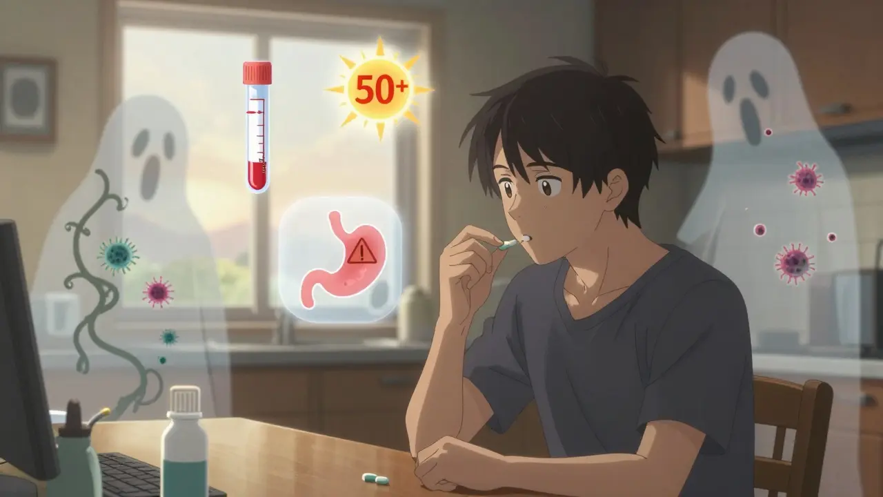 A patient taking transplant medications at dawn, with floating icons showing side effects and sun protection.