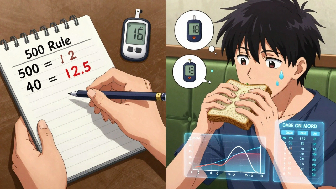 A person calculates insulin dose using the 500 Rule, with carb and insulin action visuals in a dynamic anime scene.