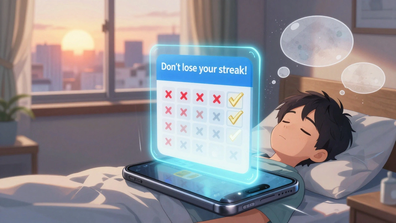 A personalized text message saying &#039;Don’t lose your streak!&#039; glowing above a phone at sunrise.