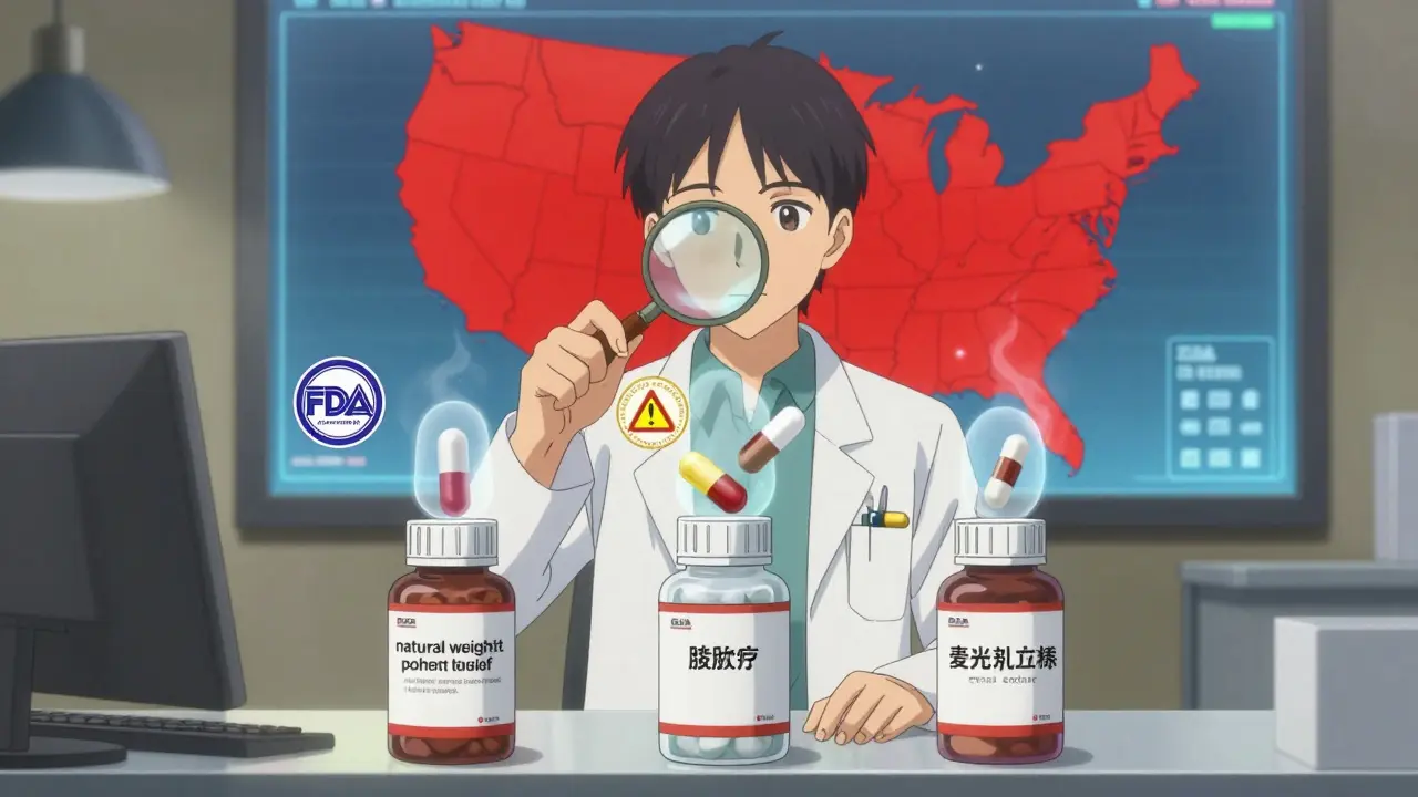 A pharmacist examines pill bottles as ghostly banned drugs emerge, with a U.S. contamination map in the background.