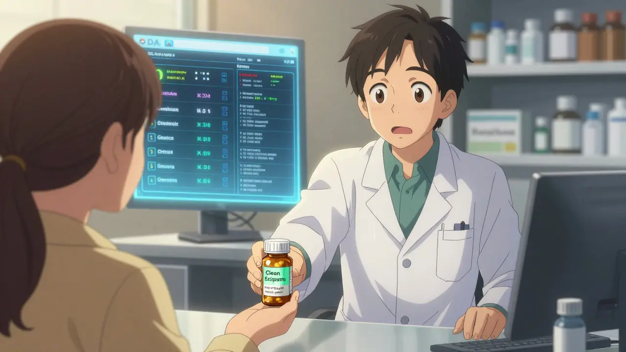 A pharmacist hands a patient a pill with clean excipients, glowing green tag visible, symbolizing safer options.
