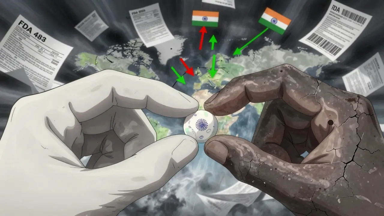 A pill held between two hands—one clean, one dirty—with FDA inspection documents swirling around it in a global supply chain map.