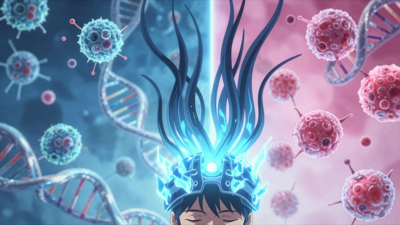 A scalp cooling cap protecting hair during chemo, with hair strands floating away from cancer cells, in vibrant anime aesthetic.