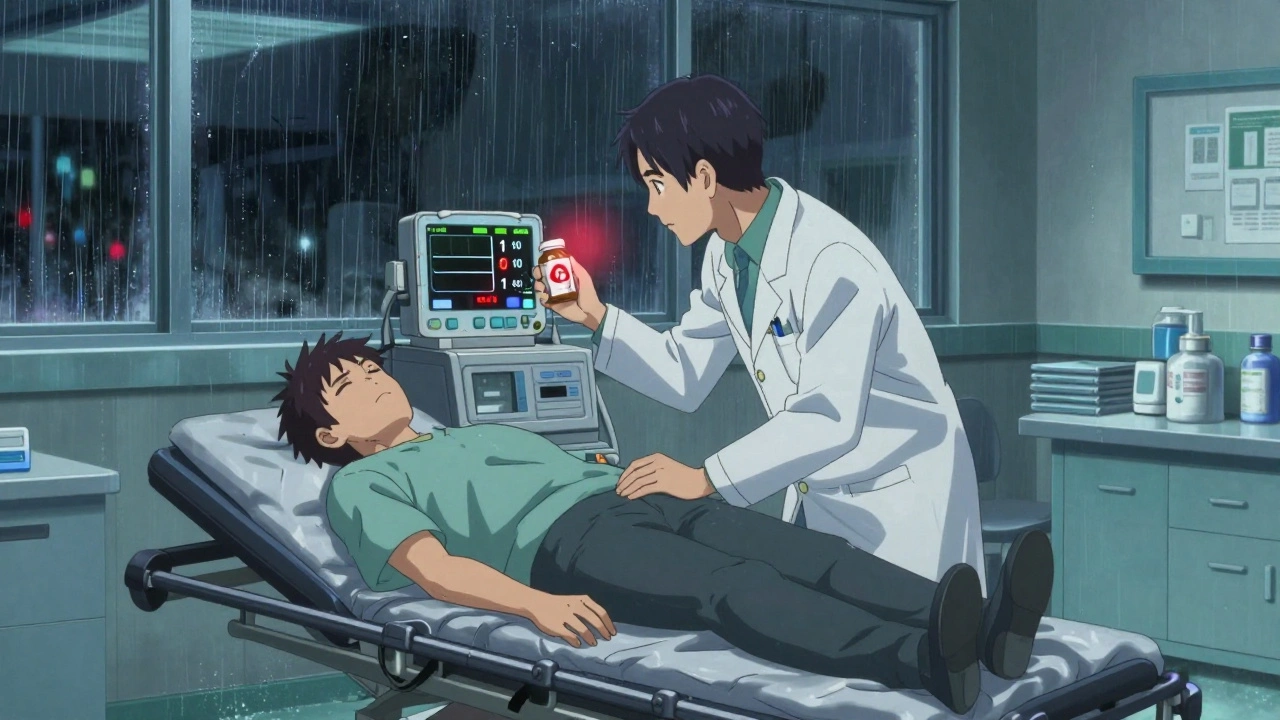 A seizure patient in an emergency room as a monitor shows dropping phenytoin levels, with a pharmacist holding a generic bottle under neon lights.