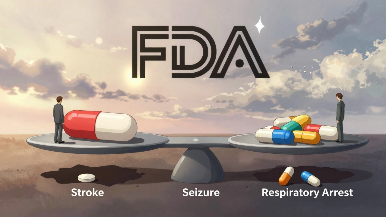 A symbolic scale balances brand and generic pills, with tiny figures falling into dangers like stroke and seizure, under a flickering FDA logo.